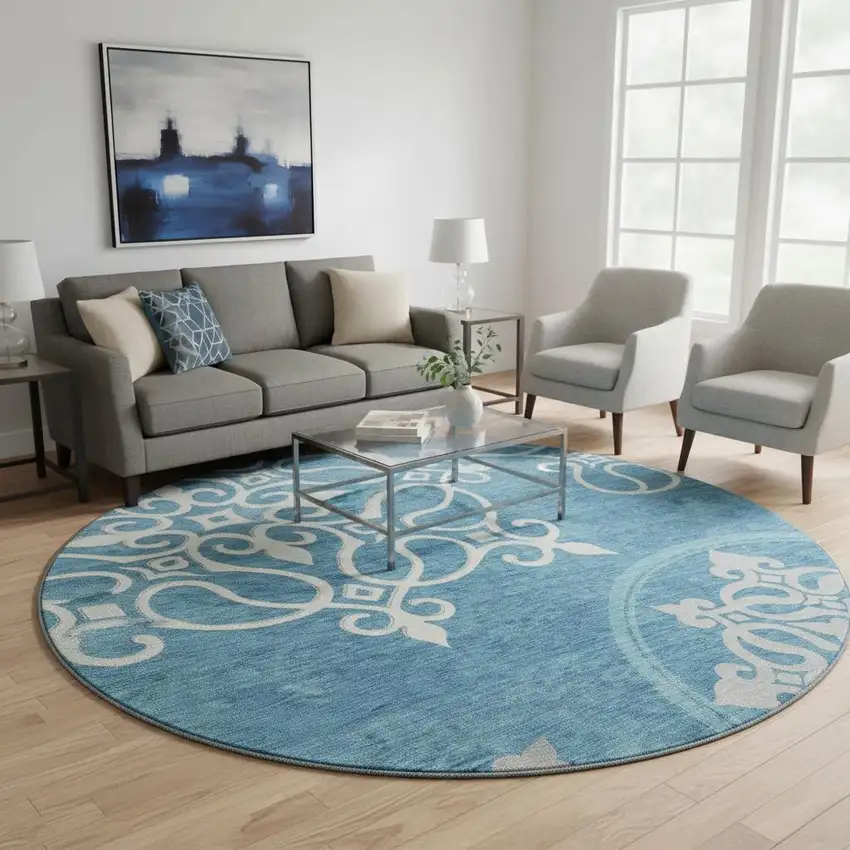 8' Teal And Ivory Floral Medallion Washable Round Rug With UV Protection Photo 2