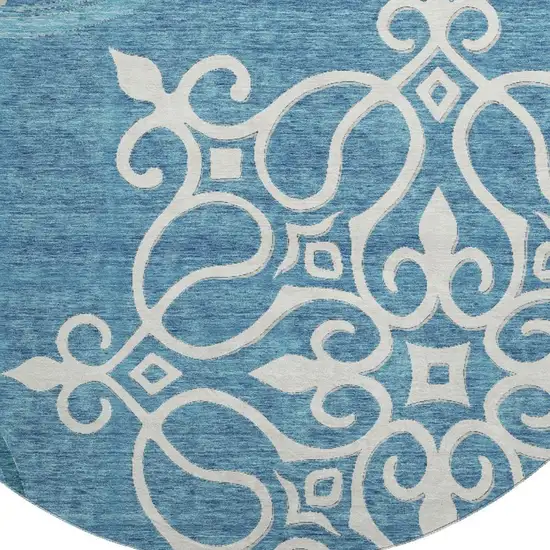 8' Teal And Ivory Floral Medallion Washable Round Rug With UV Protection Photo 4