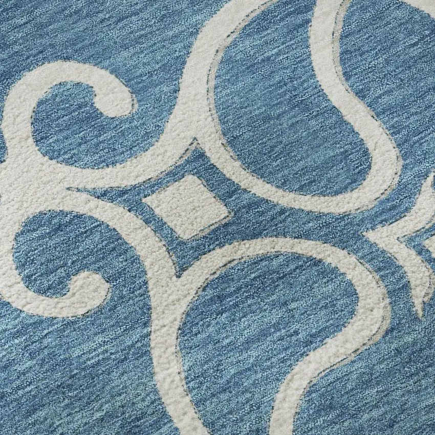 8' Teal And Ivory Floral Medallion Washable Round Rug With UV Protection Photo 9