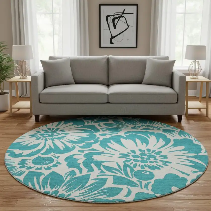 8' Teal And Ivory Floral Washable Round Rug With UV Protection Photo 1