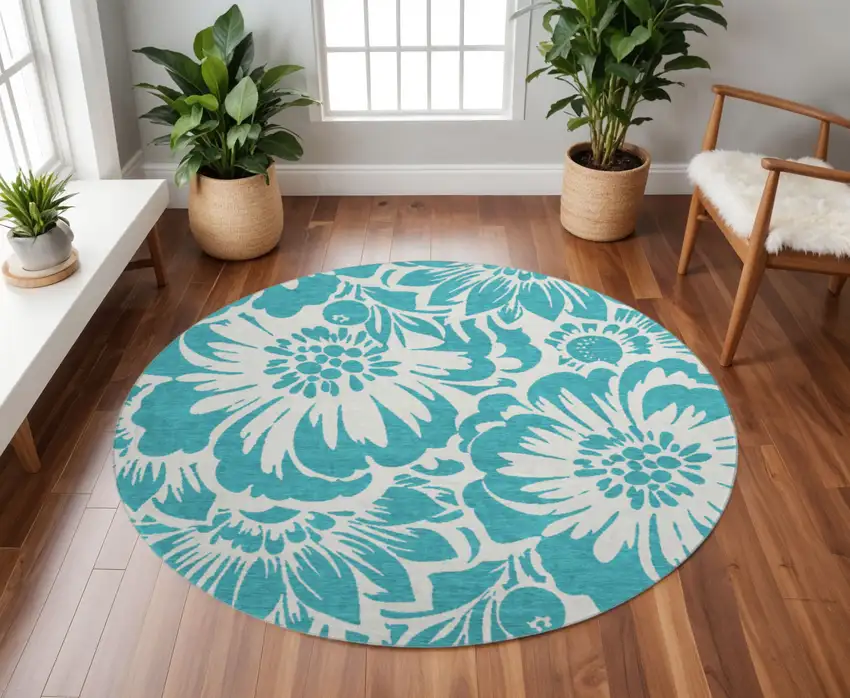 8' Teal And Ivory Floral Washable Round Rug With UV Protection Photo 2