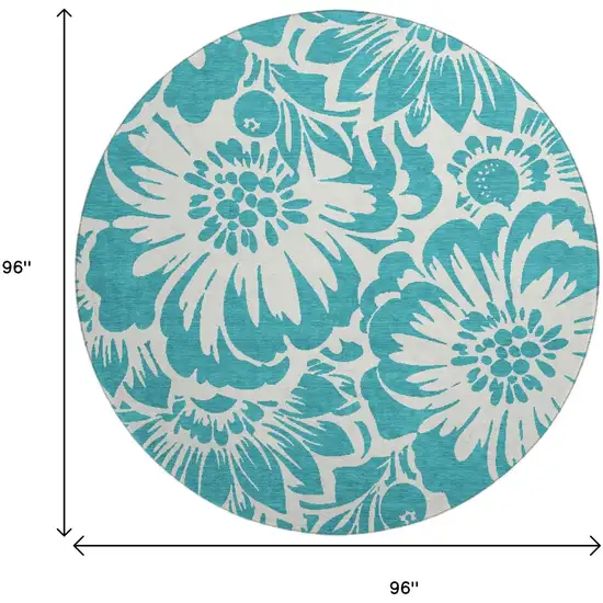 8' Teal And Ivory Floral Washable Round Rug With UV Protection Photo 3