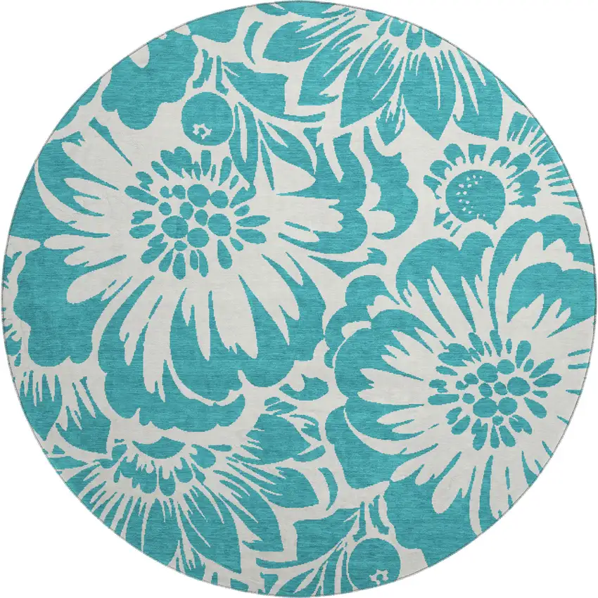 8' Teal And Ivory Floral Washable Round Rug With UV Protection Photo 1