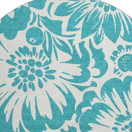 8' Teal And Ivory Floral Washable Round Rug With UV Protection Photo 3