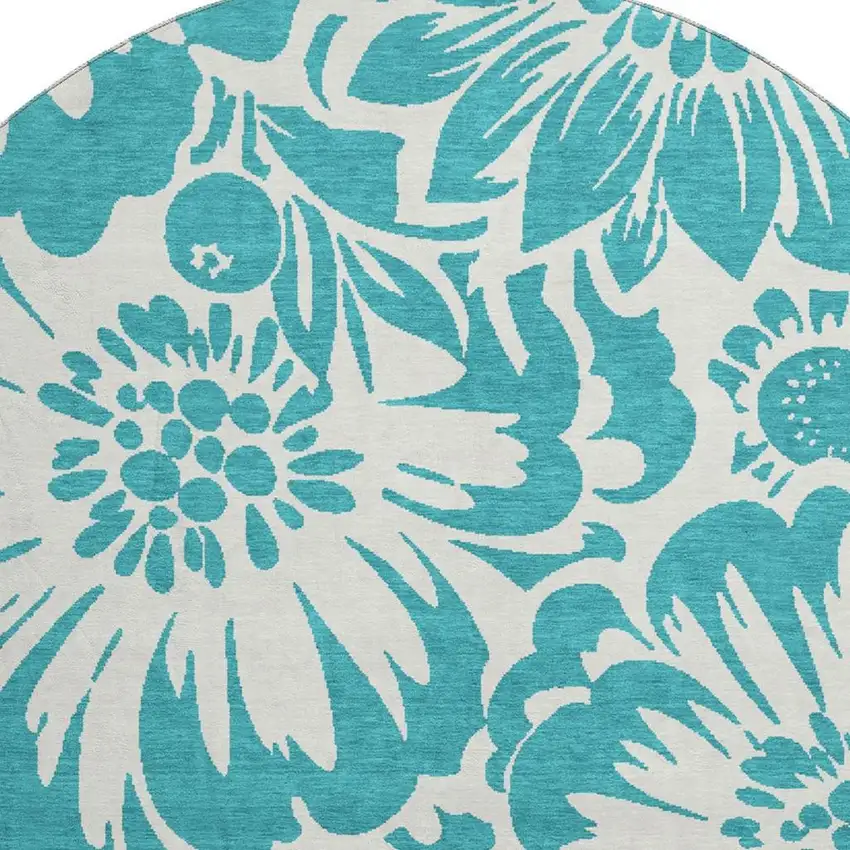 8' Teal And Ivory Floral Washable Round Rug With UV Protection Photo 3