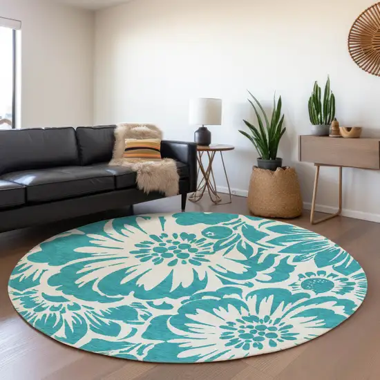 8' Teal And Ivory Floral Washable Round Rug With UV Protection Photo 5