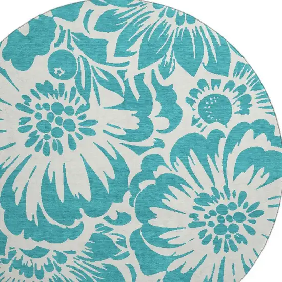 8' Teal And Ivory Floral Washable Round Rug With UV Protection Photo 4