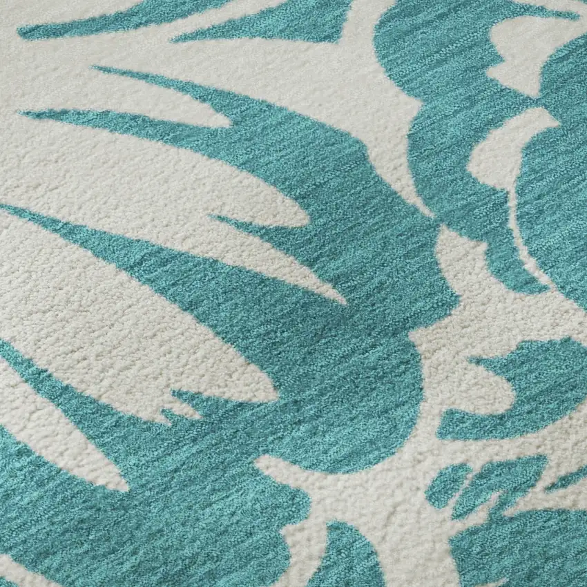 8' Teal And Ivory Floral Washable Round Rug With UV Protection Photo 9