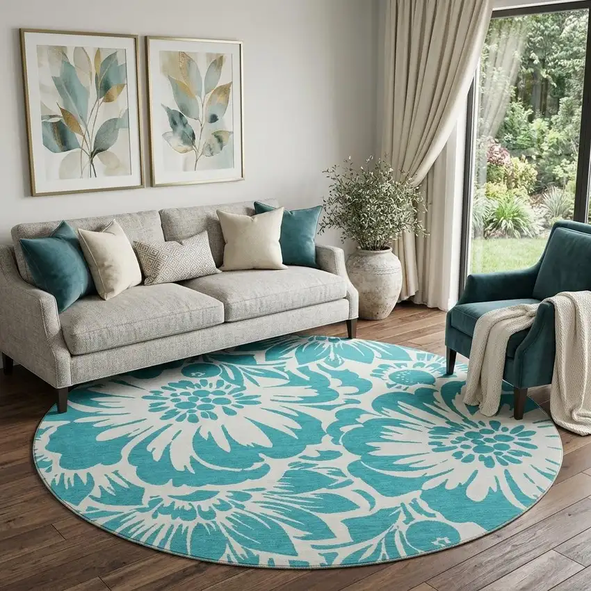 8' Teal And Ivory Floral Washable Round Rug With UV Protection Photo 1