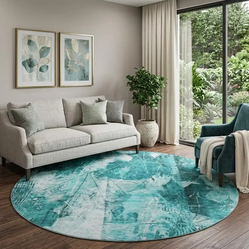 8' Teal And Ivory Floral Washable Round Rug With UV Protection Photo 1