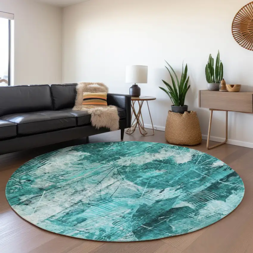 8' Teal And Ivory Floral Washable Round Rug With UV Protection Photo 5