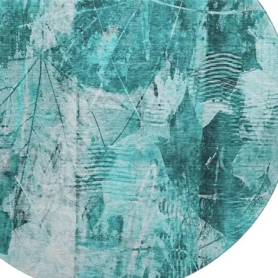8' Teal And Ivory Floral Washable Round Rug With UV Protection Photo 3