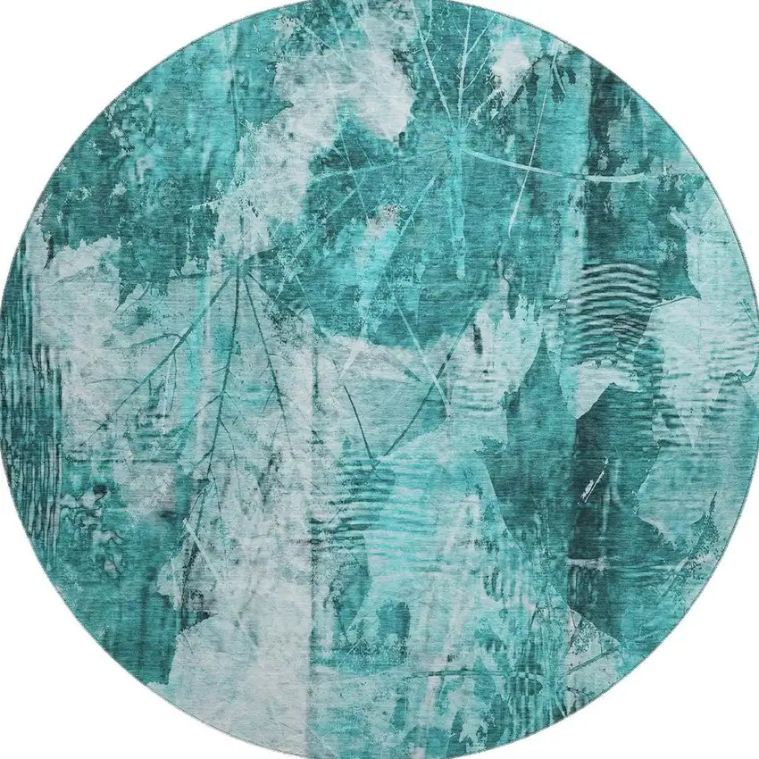 8' Teal And Ivory Floral Washable Round Rug With UV Protection Photo 4