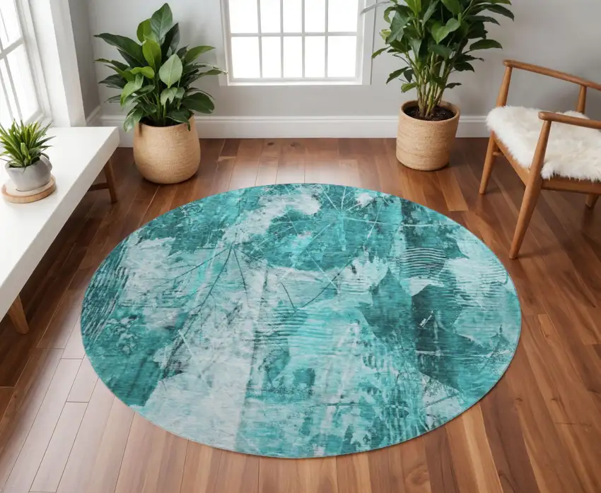 8' Teal And Ivory Floral Washable Round Rug With UV Protection Photo 2