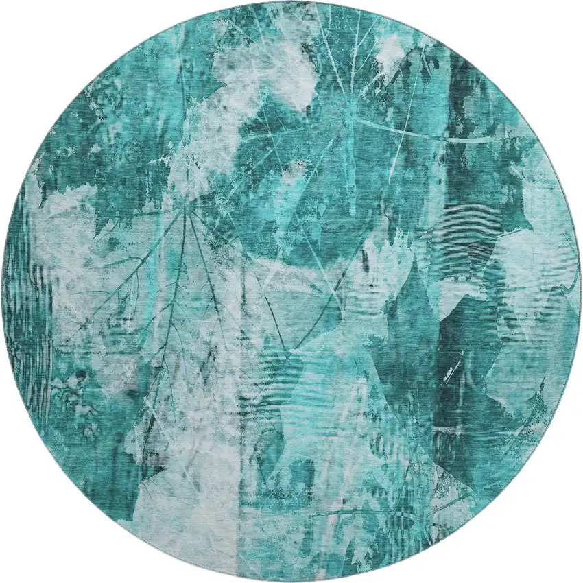 8' Teal And Ivory Floral Washable Round Rug With UV Protection Photo 1