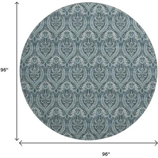 8' Teal And Ivory Floral Washable Round Rug With UV Protection Photo 9