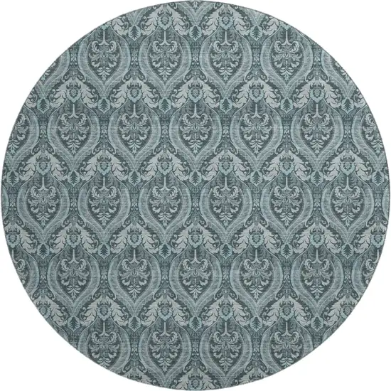 8' Teal And Ivory Floral Washable Round Rug With UV Protection Photo 1