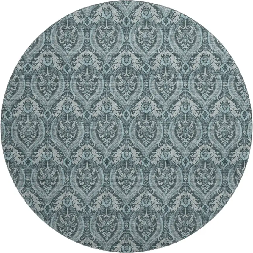 8' Teal And Ivory Floral Washable Round Rug With UV Protection Photo 1