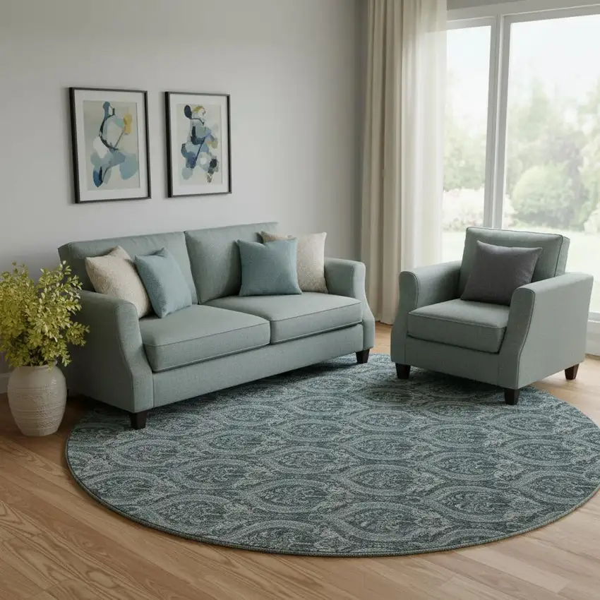 8' Teal And Ivory Floral Washable Round Rug With UV Protection Photo 1