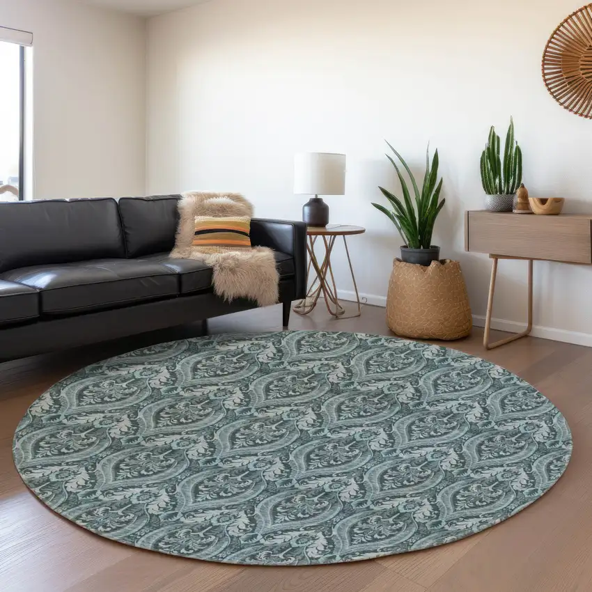 8' Teal And Ivory Floral Washable Round Rug With UV Protection Photo 4