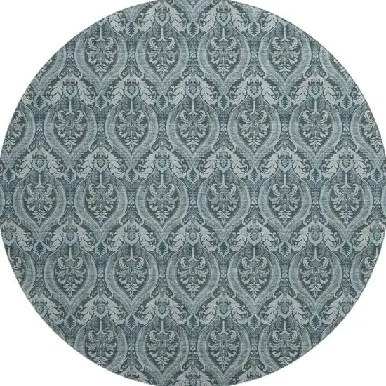 8' Teal And Ivory Floral Washable Round Rug With UV Protection Photo 3