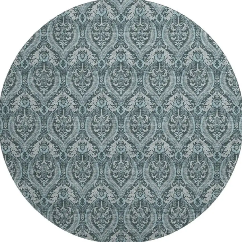 8' Teal And Ivory Floral Washable Round Rug With UV Protection Photo 3
