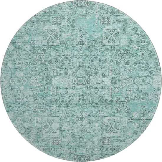 8' Teal And Ivory Floral Washable Round Rug With UV Protection Photo 1