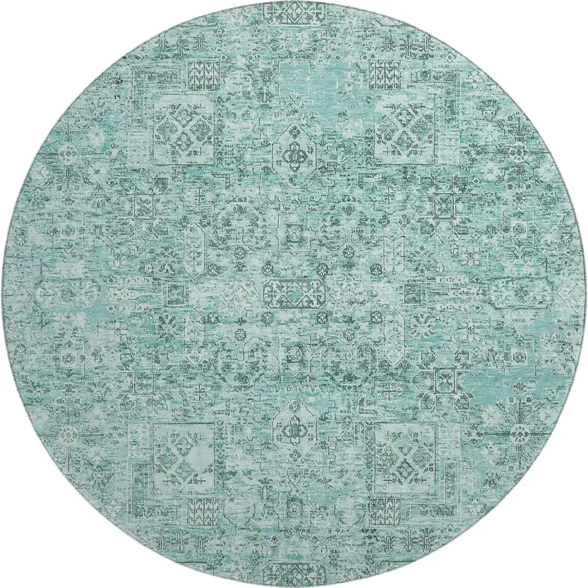 8' Teal And Ivory Floral Washable Round Rug With UV Protection Photo 1