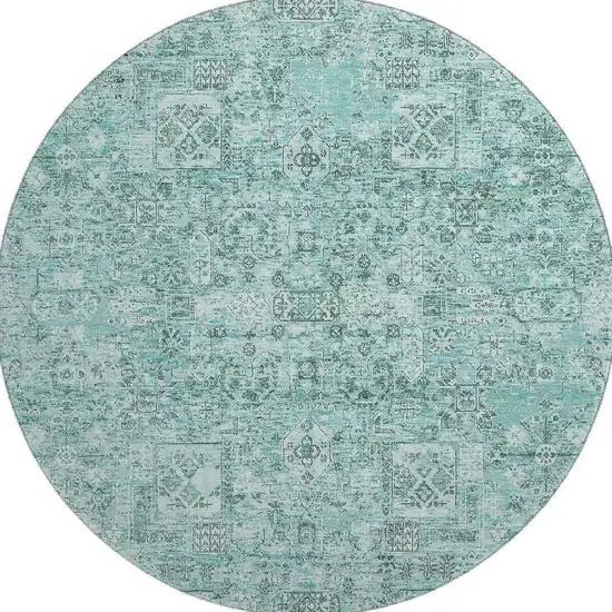 8' Teal And Ivory Floral Washable Round Rug With UV Protection Photo 3