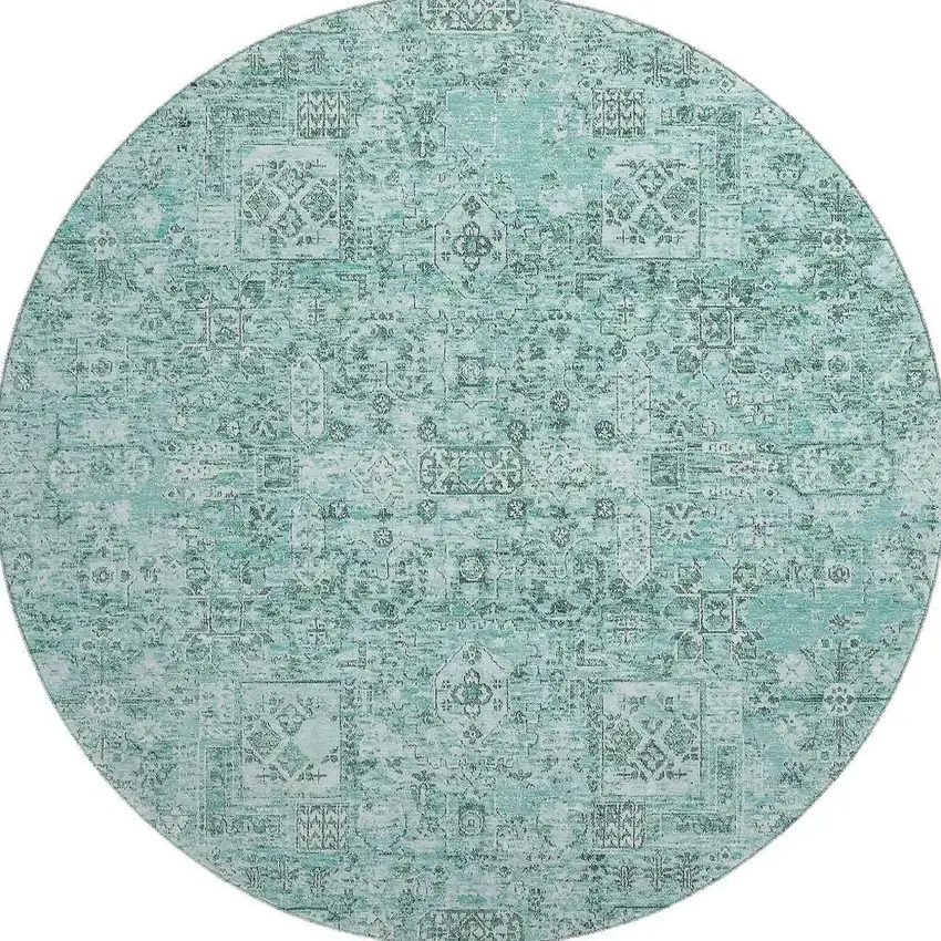 8' Teal And Ivory Floral Washable Round Rug With UV Protection Photo 3