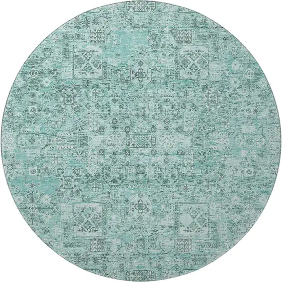8' Teal And Ivory Floral Washable Round Rug With UV Protection Photo 4