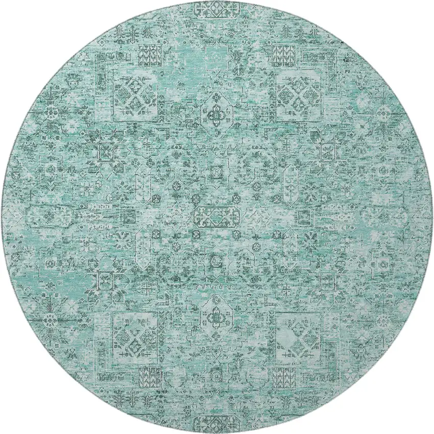 8' Teal And Ivory Floral Washable Round Rug With UV Protection Photo 4