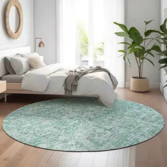 8' Teal And Ivory Floral Washable Round Rug With UV Protection Photo 5