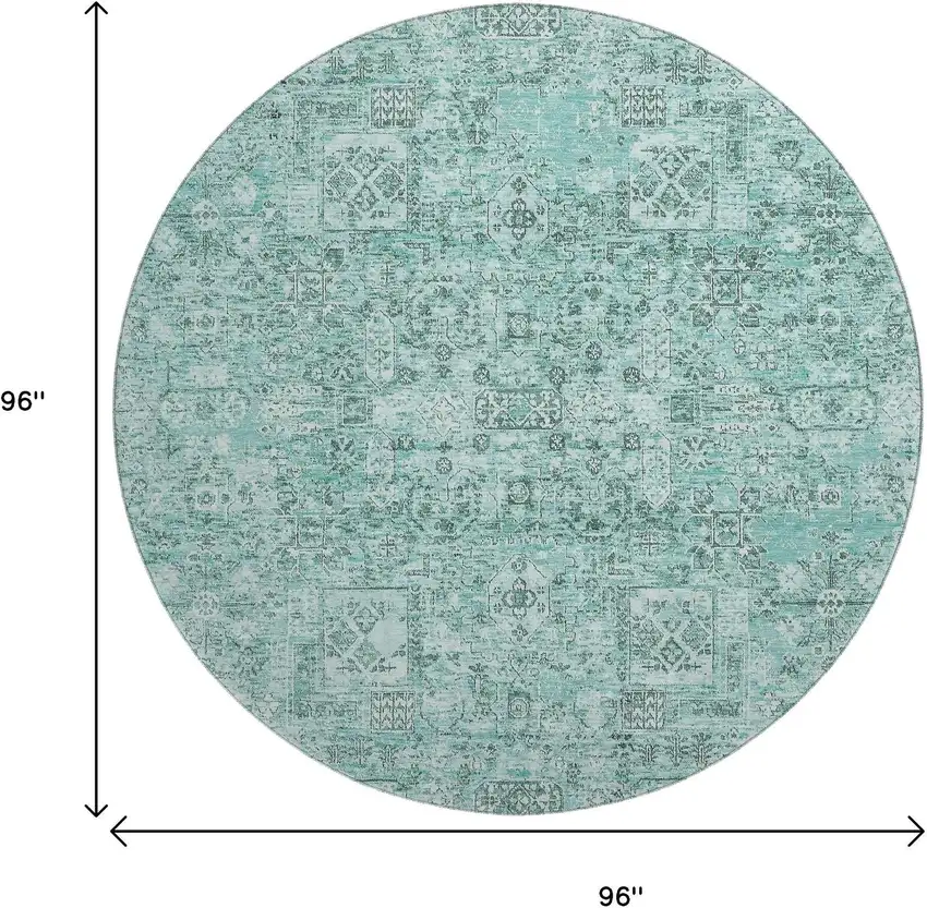 8' Teal And Ivory Floral Washable Round Rug With UV Protection Photo 3