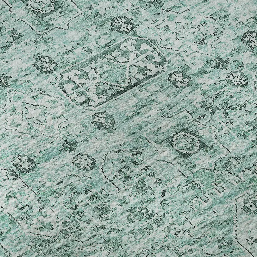 8' Teal And Ivory Floral Washable Round Rug With UV Protection Photo 9