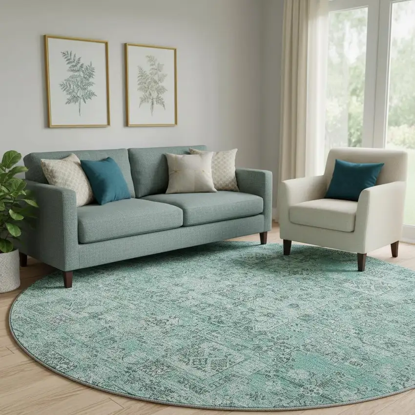 8' Teal And Ivory Floral Washable Round Rug With UV Protection Photo 1