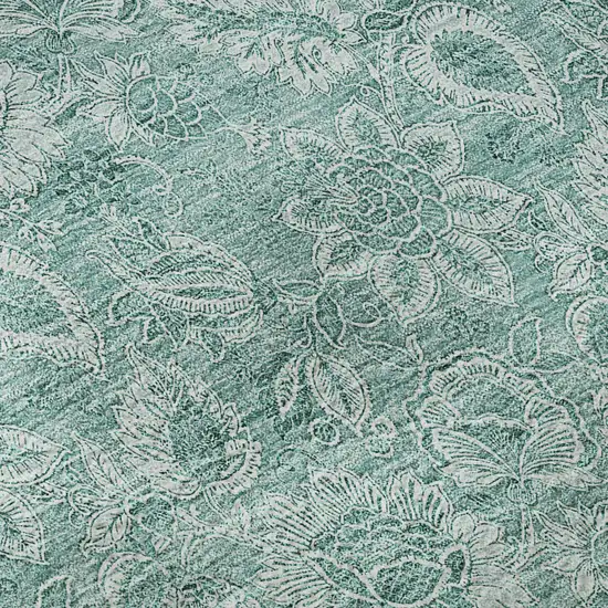 8' Teal And Ivory Floral Washable Round Rug With UV Protection Photo 9