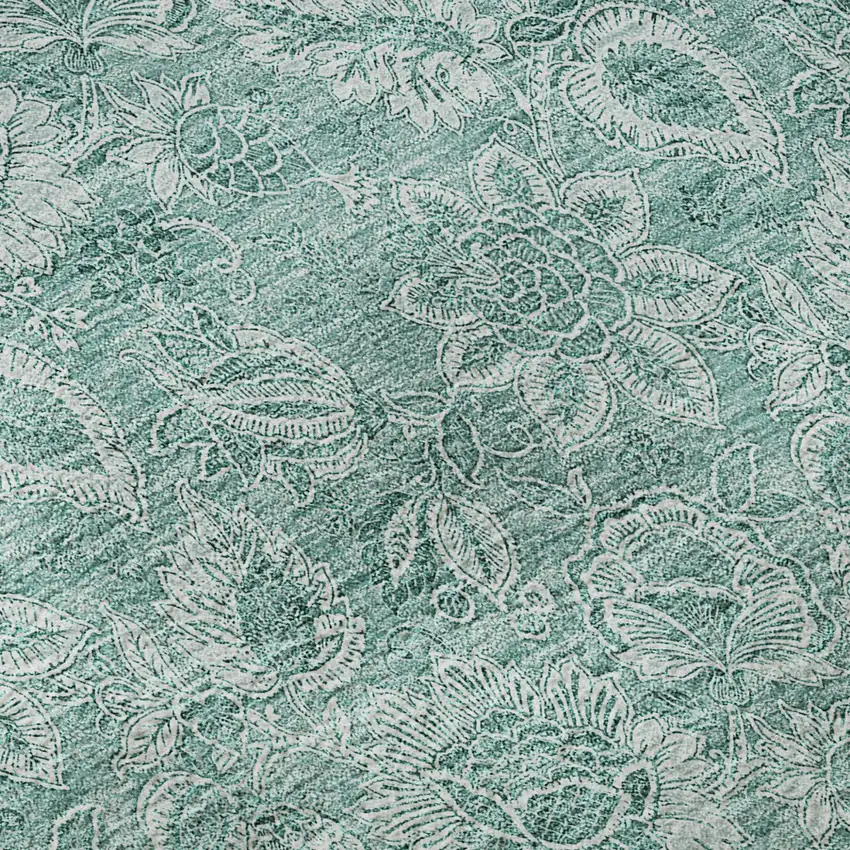 8' Teal And Ivory Floral Washable Round Rug With UV Protection Photo 9