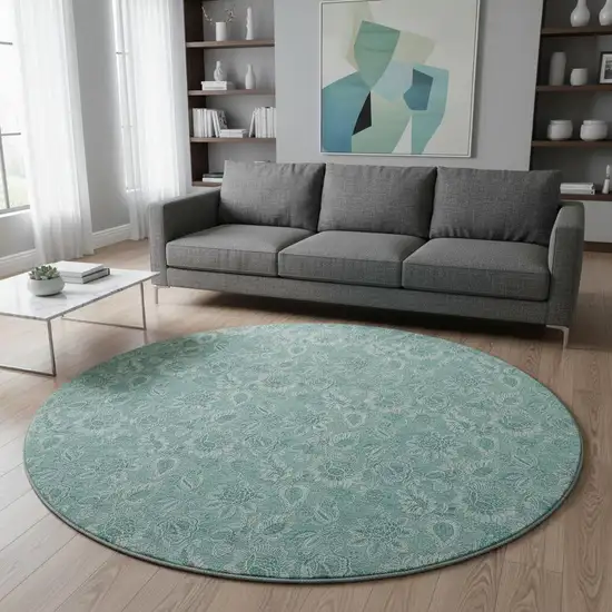 8' Teal And Ivory Floral Washable Round Rug With UV Protection Photo 2