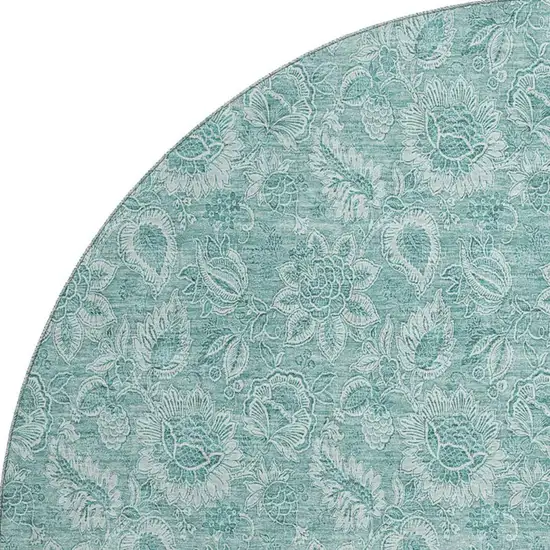 8' Teal And Ivory Floral Washable Round Rug With UV Protection Photo 3