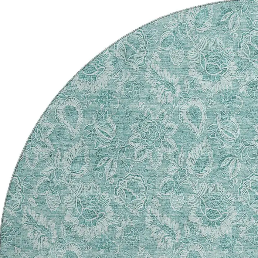 8' Teal And Ivory Floral Washable Round Rug With UV Protection Photo 3
