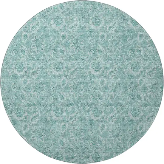 8' Teal And Ivory Floral Washable Round Rug With UV Protection Photo 4