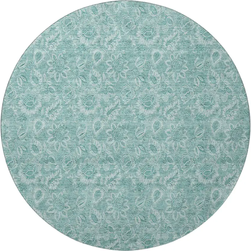 8' Teal And Ivory Floral Washable Round Rug With UV Protection Photo 4