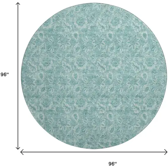 8' Teal And Ivory Floral Washable Round Rug With UV Protection Photo 6