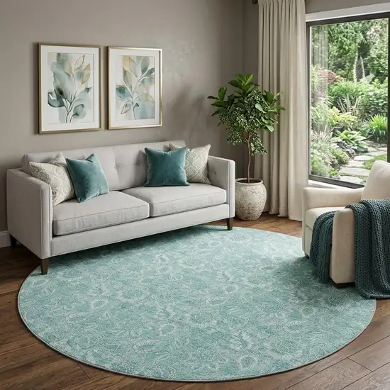 8' Teal And Ivory Floral Washable Round Rug With UV Protection Photo 1