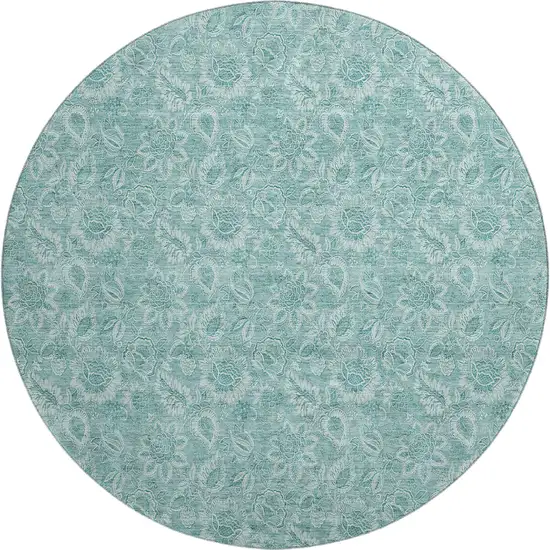 8' Teal And Ivory Floral Washable Round Rug With UV Protection Photo 1