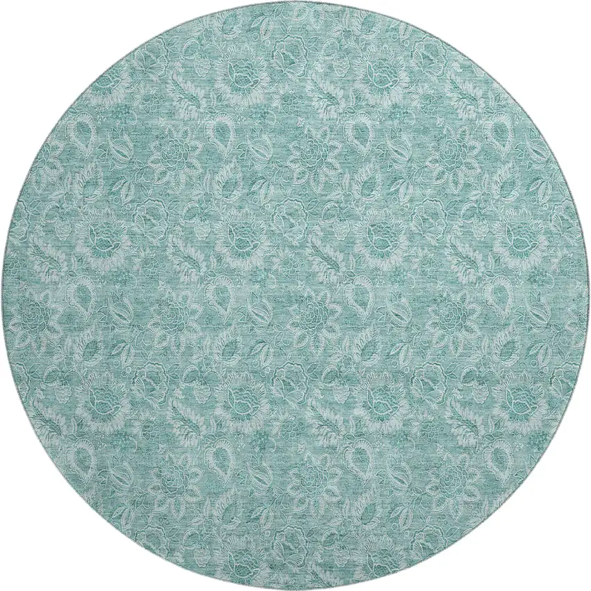 8' Teal And Ivory Floral Washable Round Rug With UV Protection Photo 1