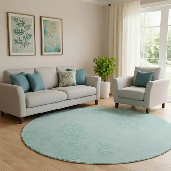 8' Teal And Ivory Floral Washable Round Rug With UV Protection Photo 1