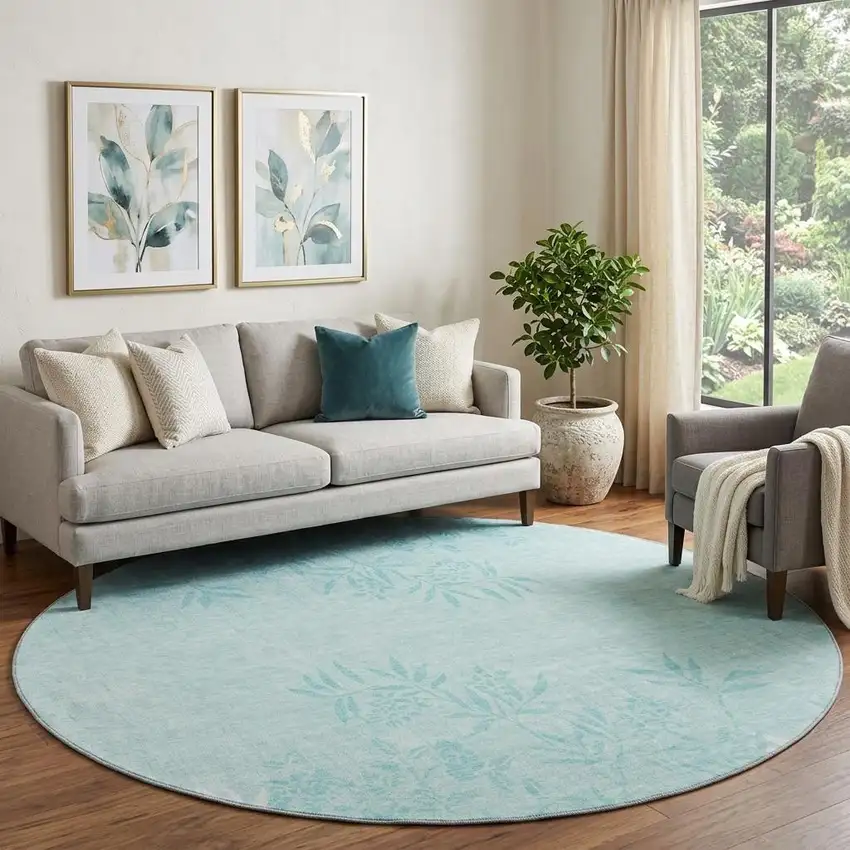 8' Teal And Ivory Floral Washable Round Rug With UV Protection Photo 1