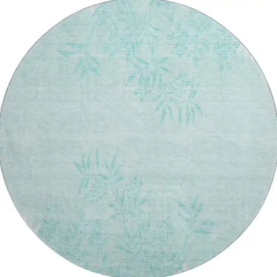 8' Teal And Ivory Floral Washable Round Rug With UV Protection Photo 3